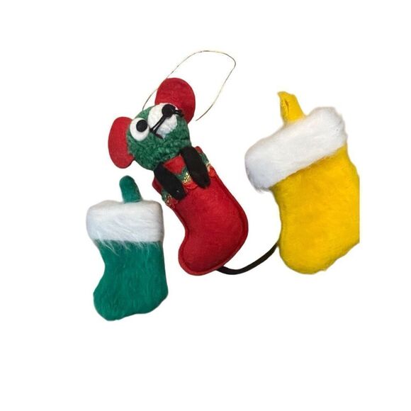 Vintage 1972 Fun & Fancy Felt Christmas Mouse in Stockings Hanging Ornament - Picture 1 of 5